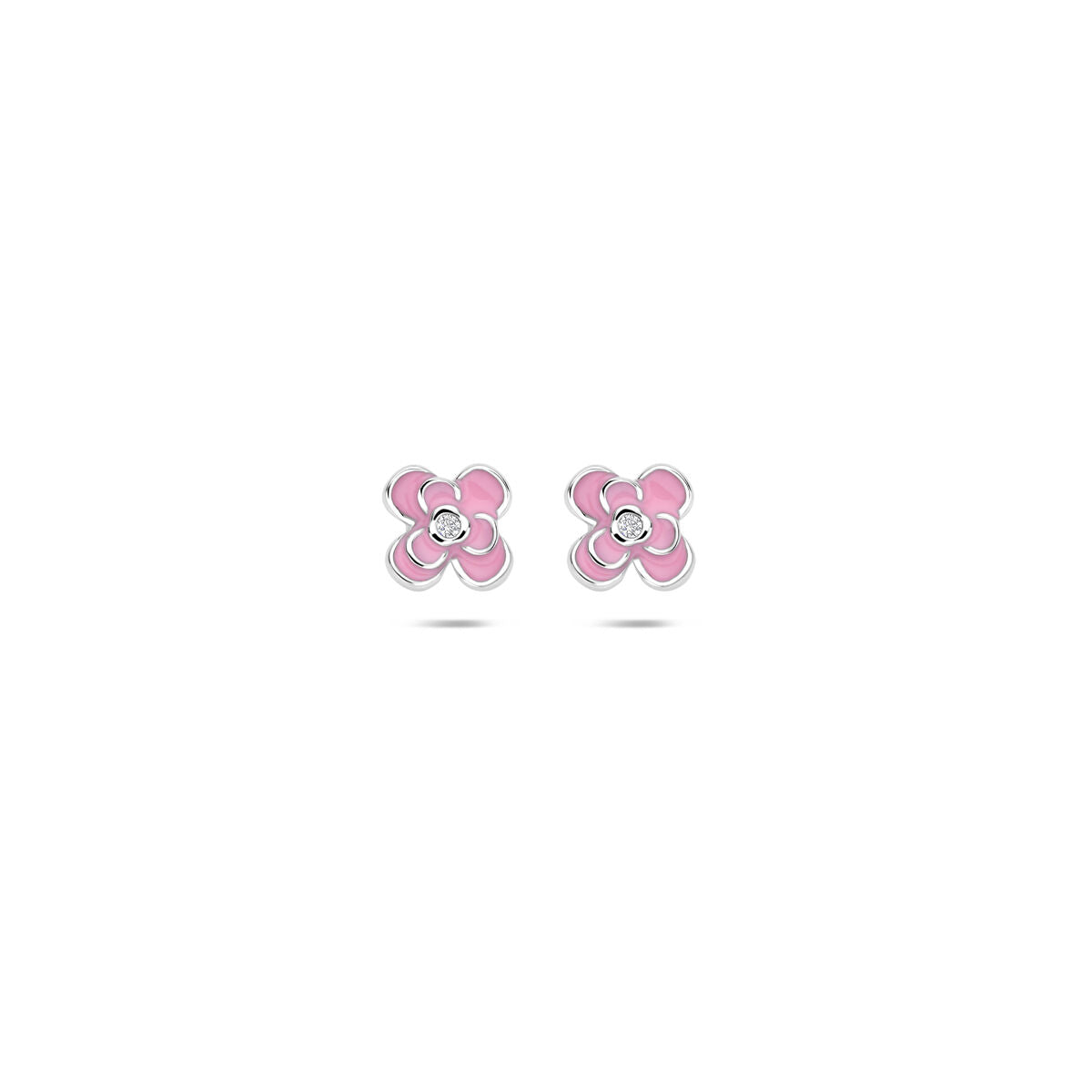 Boucles d'oreilles en argent avec zirconium et émail rose, design floral.