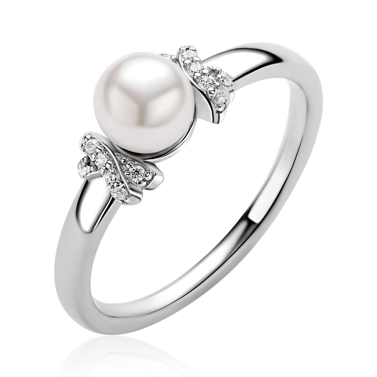 Bague en argent avec une perle blanche et des détails en zirconium.