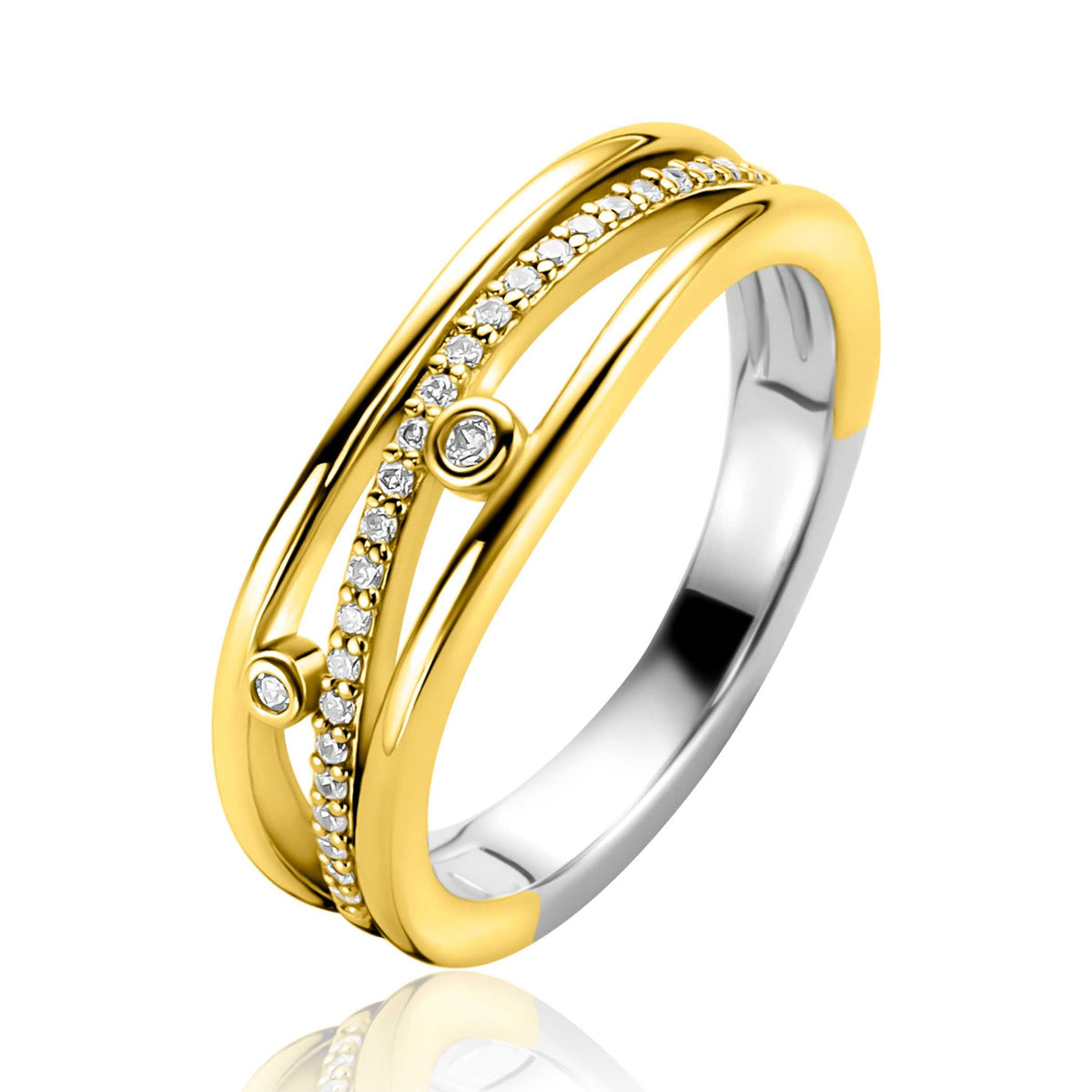 Bague en argent avec des détails en or et des zircons scintillants.