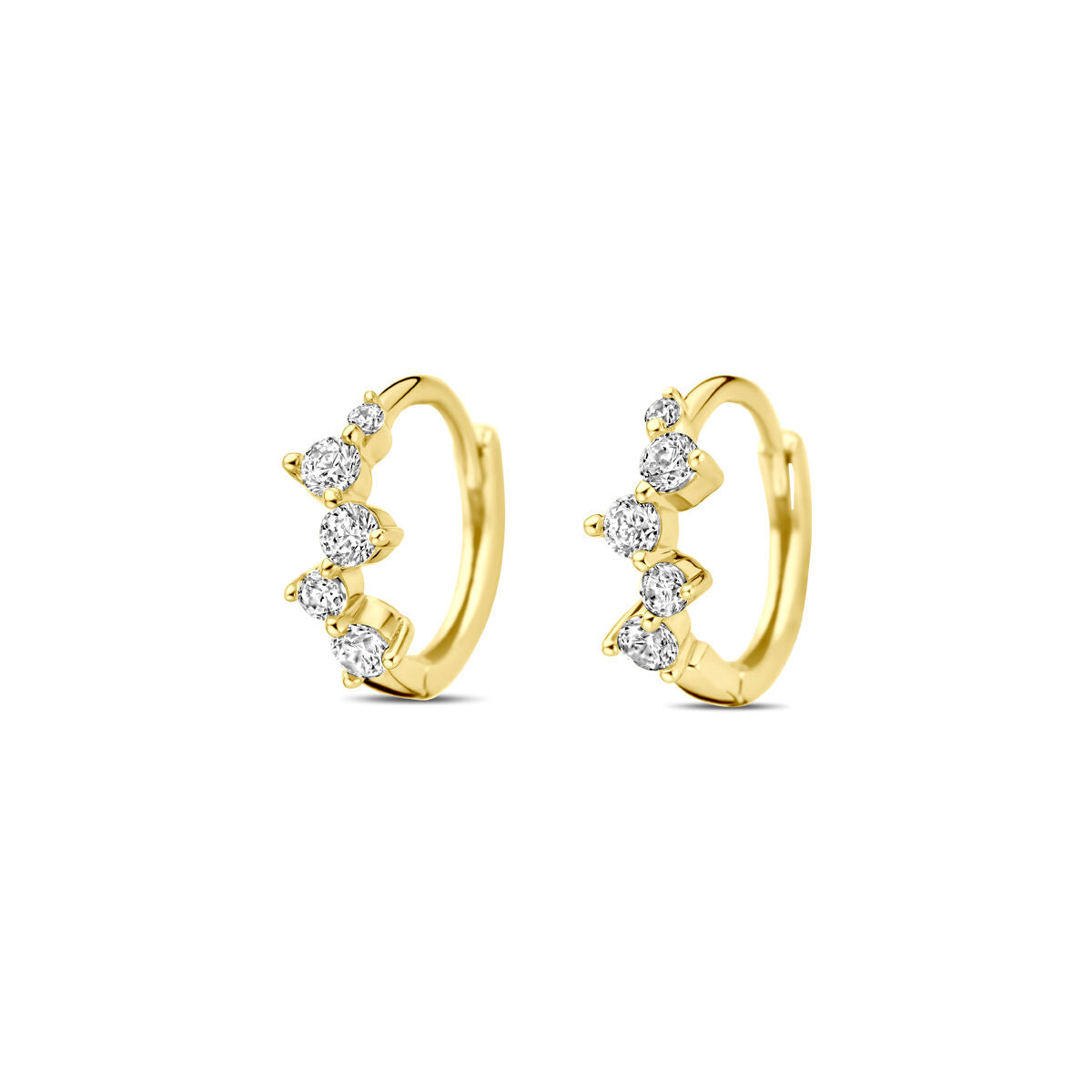 Boucles d'oreilles en or jaune 14K avec trois zircones brillantes, d'un diamètre de 10,5 mm.