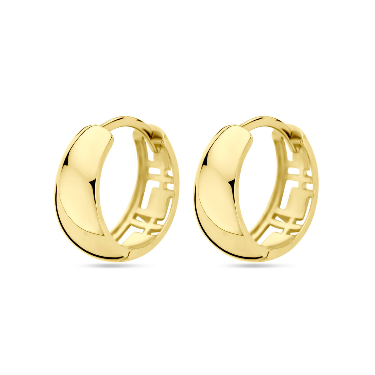Boucles d'oreilles en or jaune 14K, de forme ronde avec un motif géométrique.