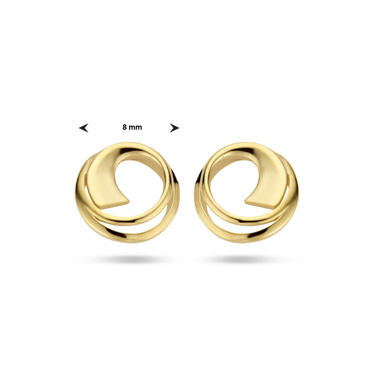 Van der Kooij Collectie oorknoppen rondje 14K geelgoud met abstract, verstrengeld ontwerp en ronde vorm van 8 mm, getoond op een witte achtergrond.