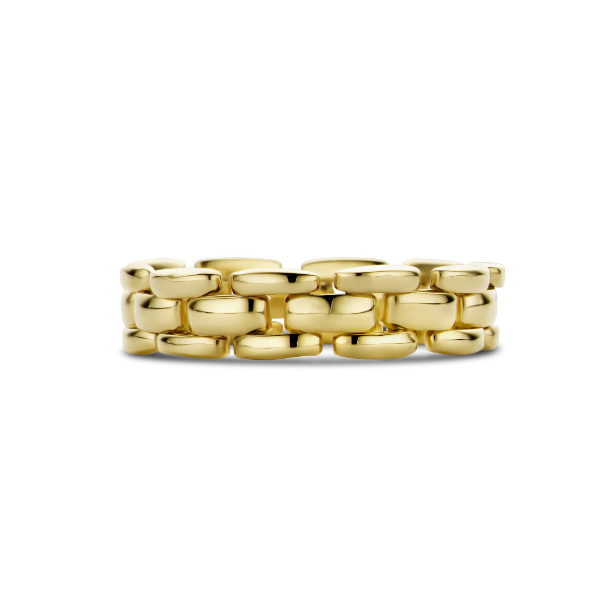 De Van der Kooij Collectie ring flexibele schakel 14K geelgoud heeft een grof, in elkaar grijpend kettingontwerp in geelgoud op een effen witte achtergrond.