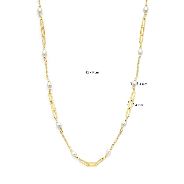 De Van der Kooij Collectie zilver vergulde ketting dames met parels (3 micron verguld, geel) heeft langwerpige schakels en zoetwaterparels van 4 mm. Lengte: 42 cm + 3 cm verlenging. Getoond op een witte achtergrond.