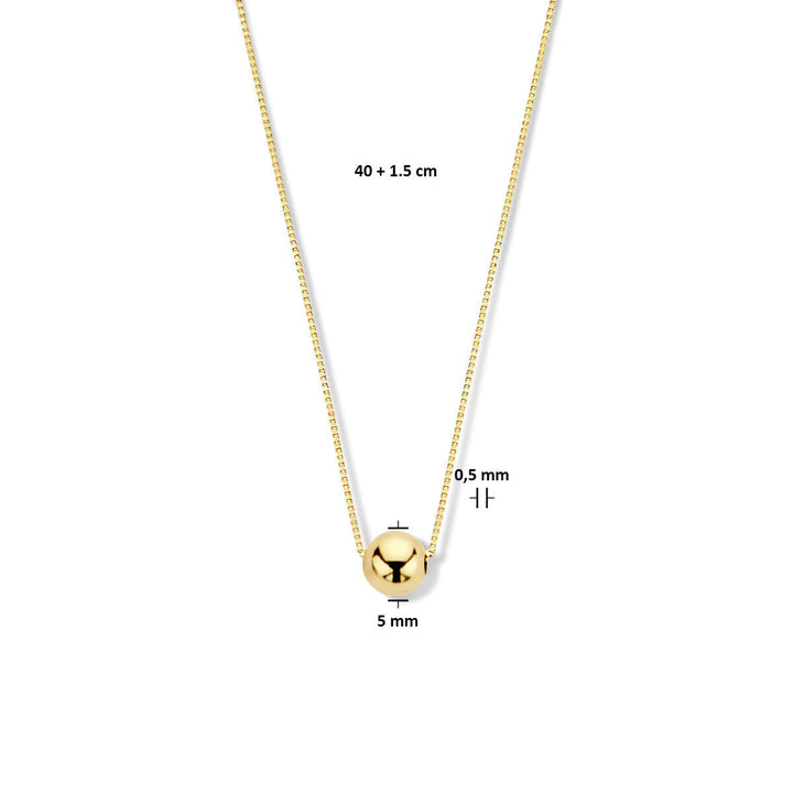 De Van der Kooij Collectie collier bol 40 + 1,5 cm is een damesketting in 14K geelgoud, met een delicate Venetiaanse schakel, kleine ronde gouden kralenhanger (5 mm) en een kettingdikte van 0,5 mm.