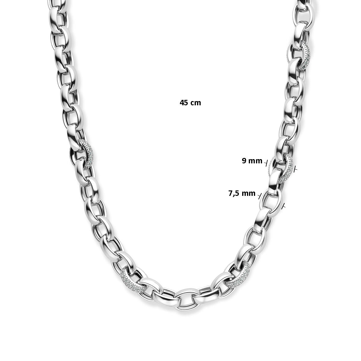 collier jasseron ovale zircone 7,5 mm 45 cm argent rhodié