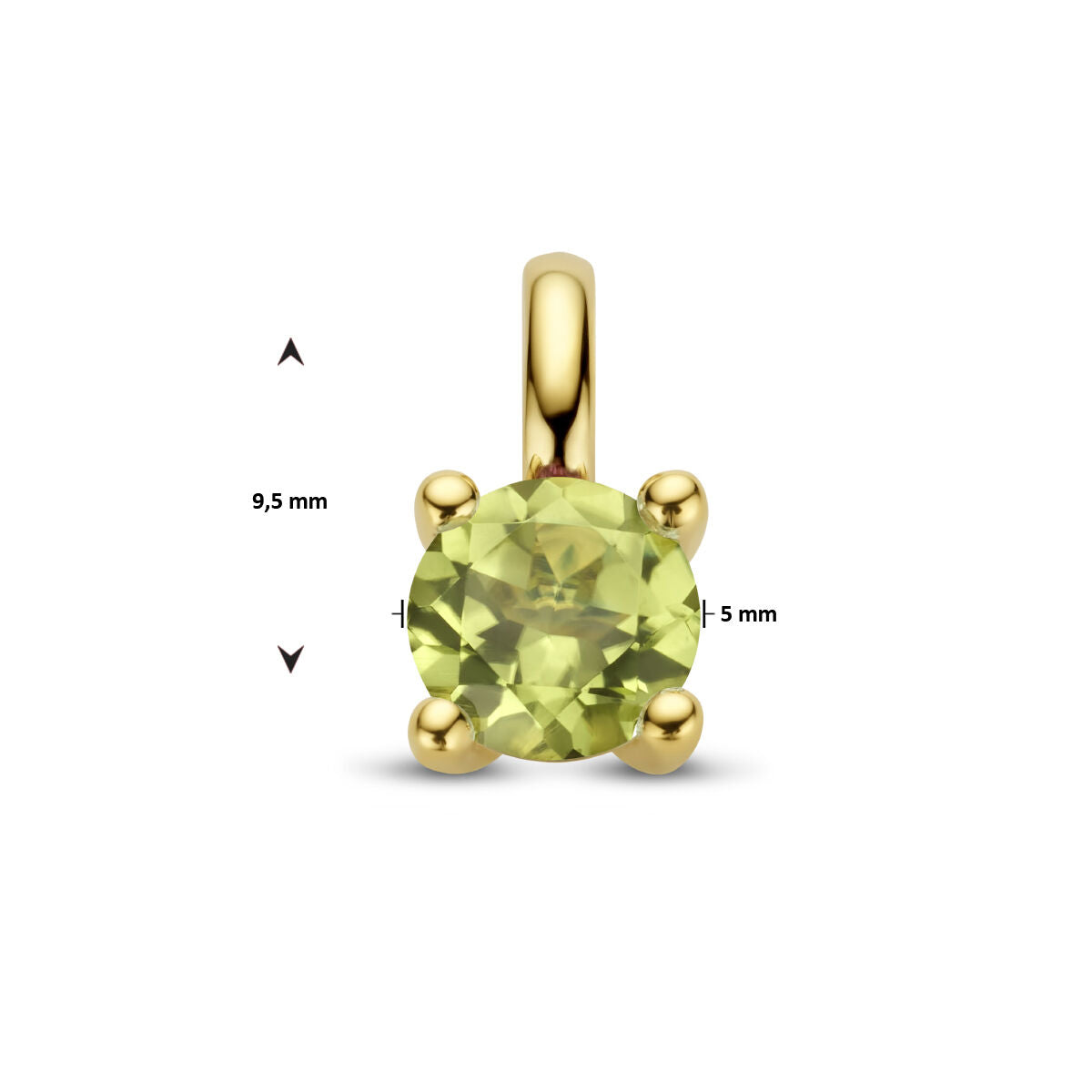 De Van der Kooij Collectie hanger peridot 14K geelgoud is een ronde, lichtgroene peridot hanger (9,5 mm hoog, 5 mm breed) in geelgoud met vier pinnen, afgebeeld op een witte achtergrond met maatstreepjes.