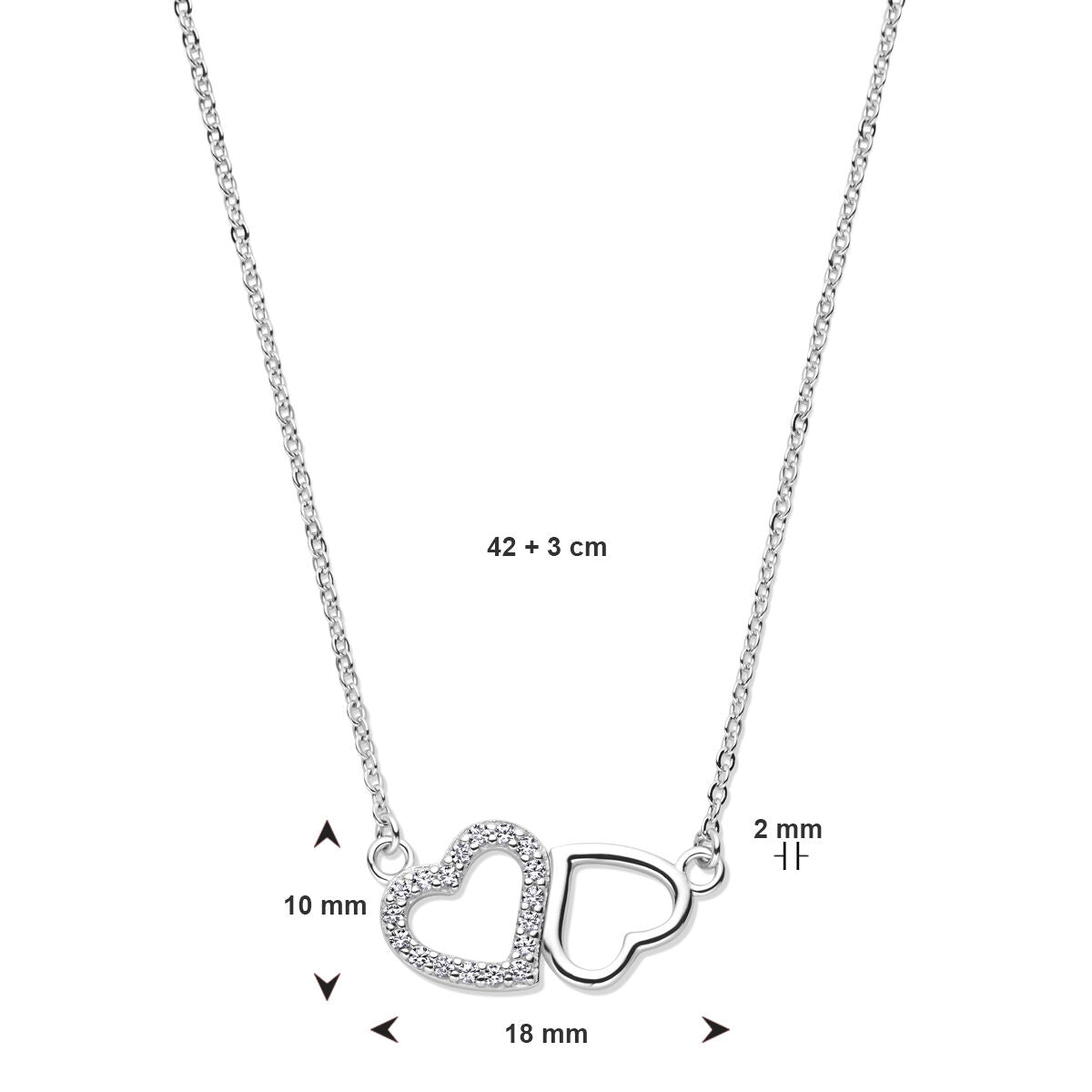 collier cœurs zircone 42 + 3 cm argent rhodié