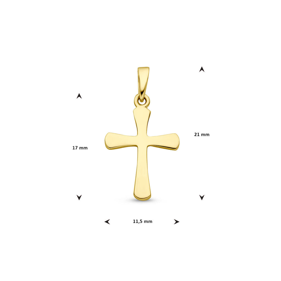 De hanger kruis 14K geelgoud uit de Van der Kooij Collectie met afgeronde randen is te zien tegen een witte achtergrond. Het elegante sieraad meet 21 mm hoog, 17 mm breed en 11,5 mm aan de basis, met meetpijlen erbij.