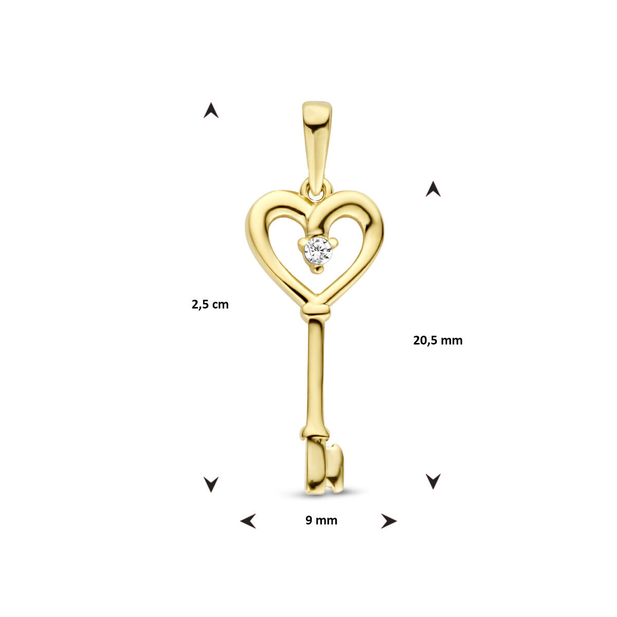 pendentif cœur et clé zircone 14K or jaune