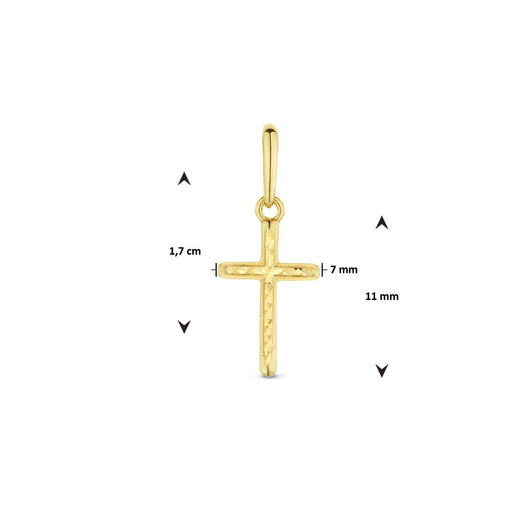 De Van der Kooij Collectie hanger kruis gediamanteerd 14K geelgoud heeft een gepolijste, getextureerde afwerking en voldoet aan 1,7 cm x 11 mm met een horizontale arm van 7 mm, fraai getoond op een witte achtergrond.