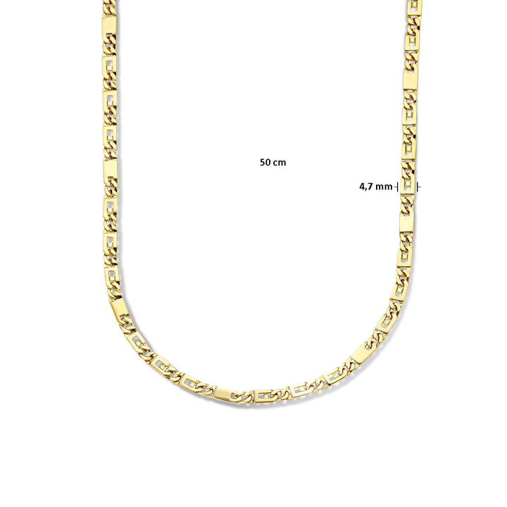 Gouden ketting heren - collier valkenoog 4,7 mm 14K van Van der Kooij Collectie, 50 cm lang met rechthoekige schakels; demonstratie tegen een witte achtergrond met maataanduiding—robuust en elegant.