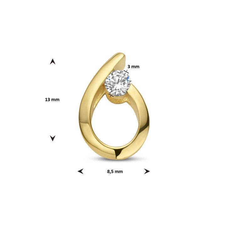 De hanger druppel zirkonia 14K geelgoud van Van der Kooij Collectie heeft een gladde druppelvorm met een heldere zirkonia bovenaan. Afmetingen: 13 mm hoog, 8,5 mm breed en 3 mm dik. Perfect voor dames sieraden.