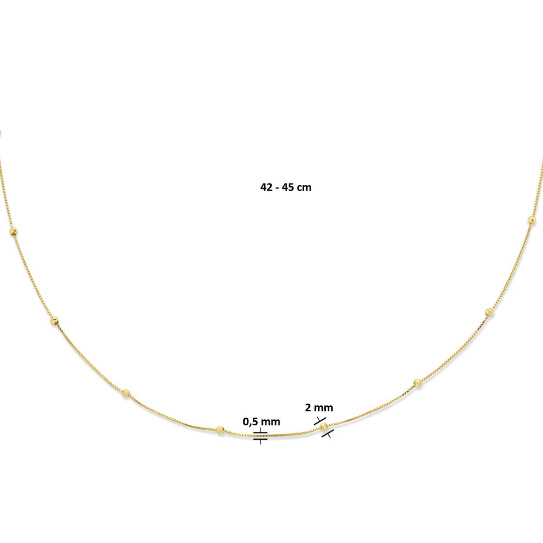 Van der Kooij Collectie collier bolletjes gediamanteerd: 14K geelgoud, 0,5 mm kettingdikte, bolletjes van 2 mm. Lengte verstelbaar van 42 tot 45 cm. Afmetingen staan op de afbeelding.