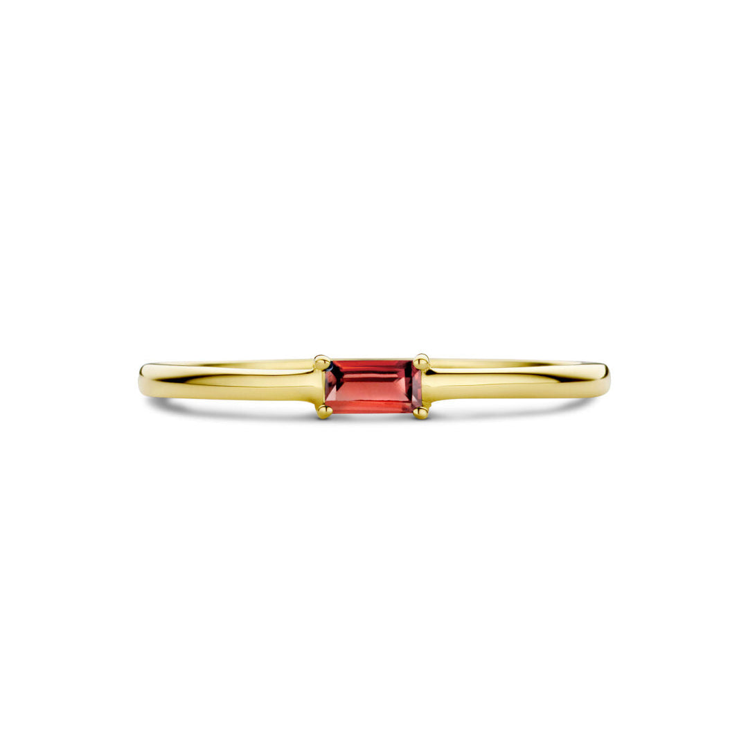 De Van der Kooij Collectie ring met geboortesteen granaat januari 14K geelgoud heeft een dunne geelgouden band en een rechthoekige, dieproze granaat horizontaal gezet met vier tanden voor een elegante, kleurrijke uitstraling.