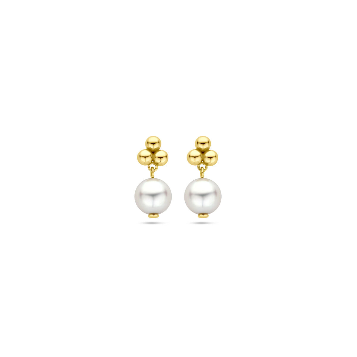 Boucles d'oreilles en or jaune 14K avec perles blanches de 15 mm.