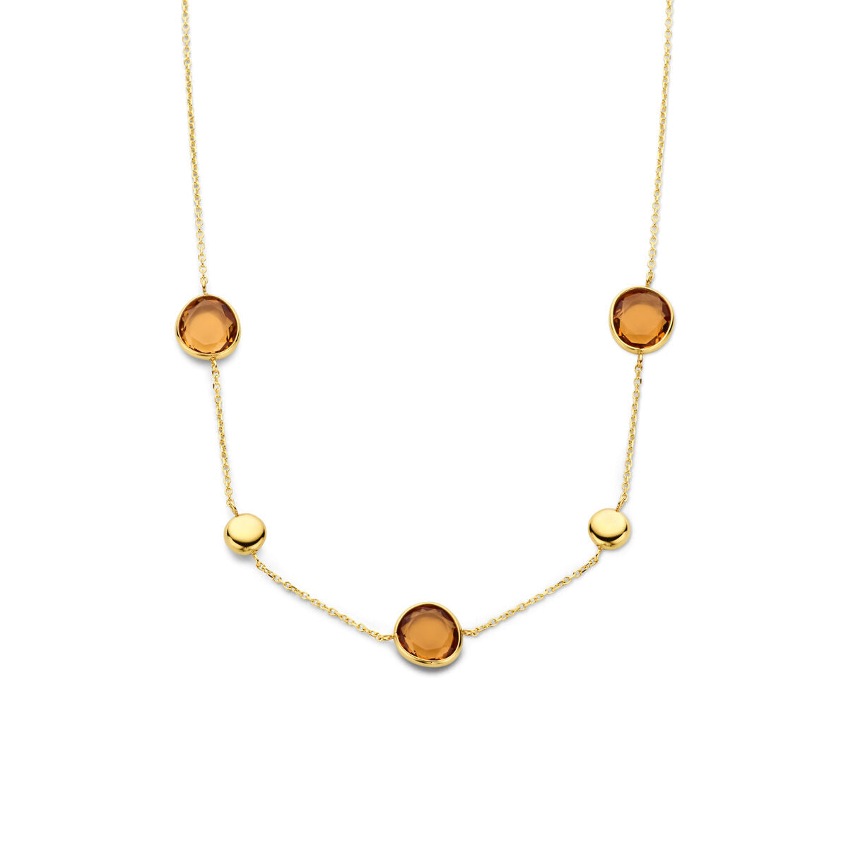 Collier van 14K geelgoud met vijf citrien stenen in ronde zettingen, verstelbaar van 40 tot 44 cm.