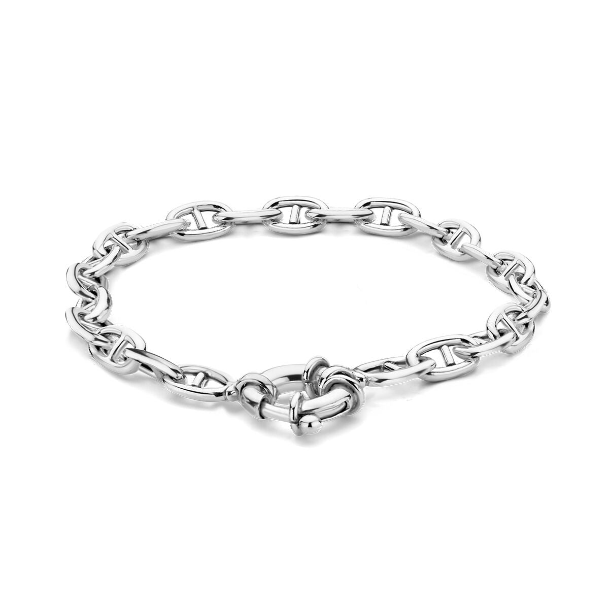 Zilveren armband van 5,8 mm breed met een groot springslot, gerhodineerd en 19 cm lang.
