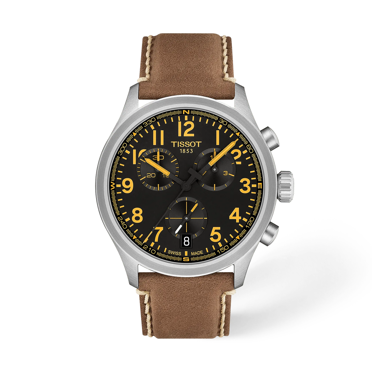 Montre Tissot avec boîtier en acier inoxydable, cadran noir et aiguilles jaunes, bracelet en cuir marron.