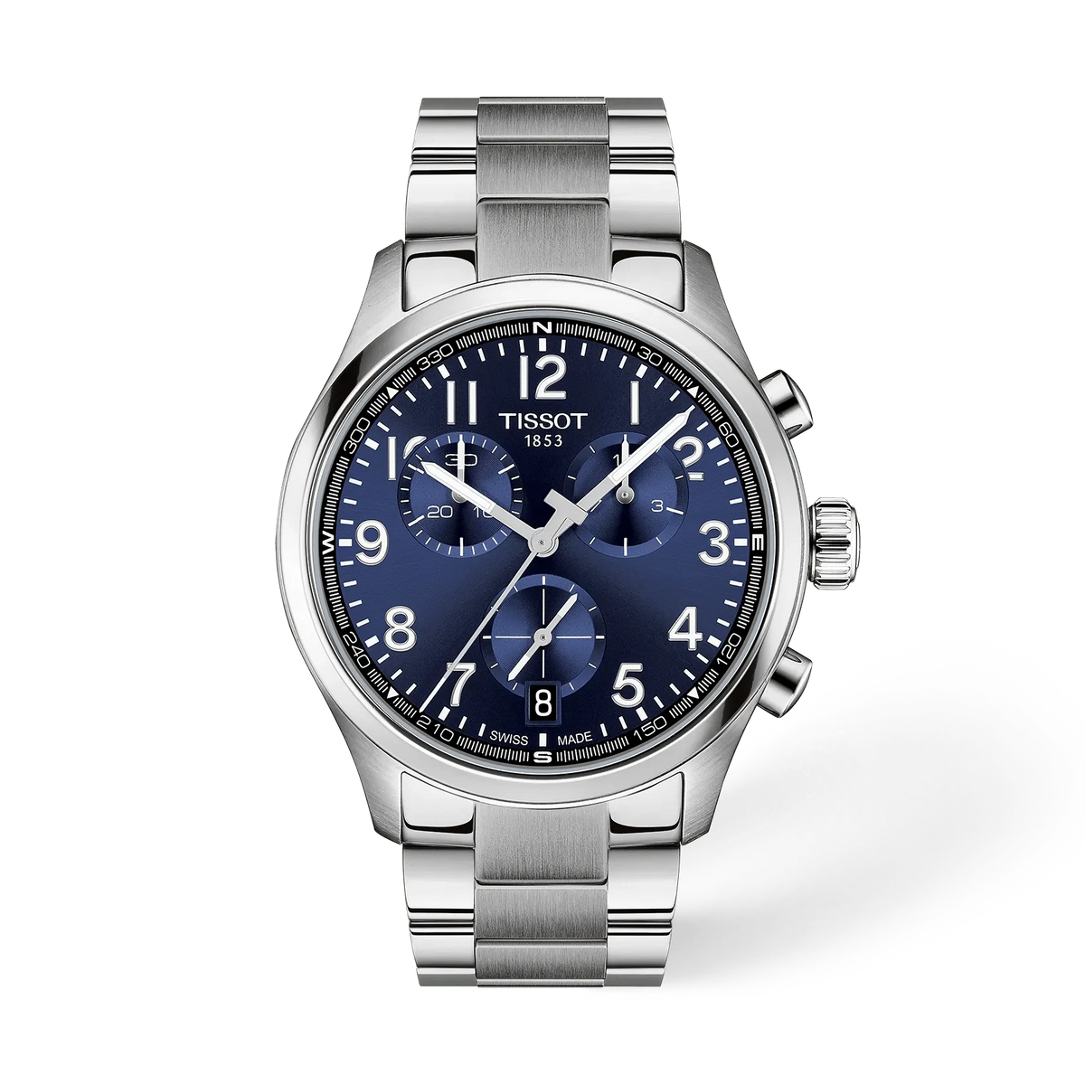 Montre Tissot avec boîtier en acier inoxydable, cadran bleu et bracelet en acier.