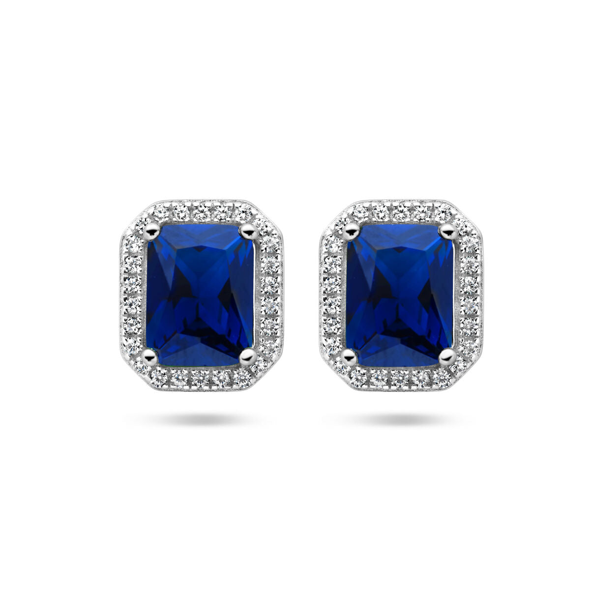 Boucles d'oreilles en argent rhodié avec zirconia bleue et blanche en halo.