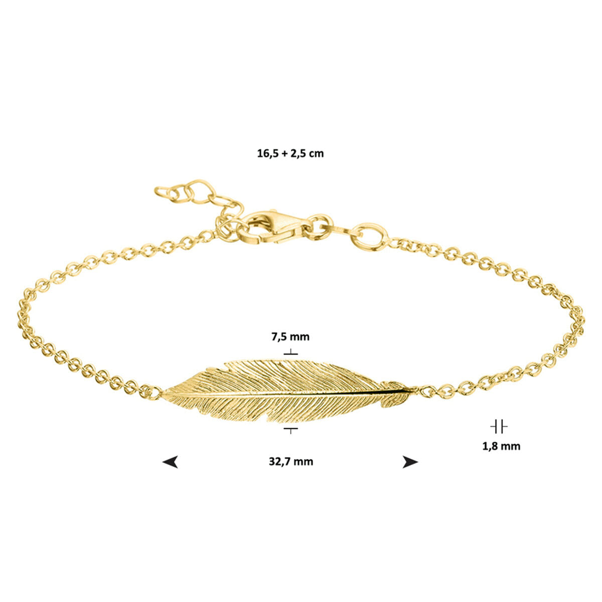 bracelet plumes 16,5 + 2,5 cm 3 microns argent plaqué or (jaune)