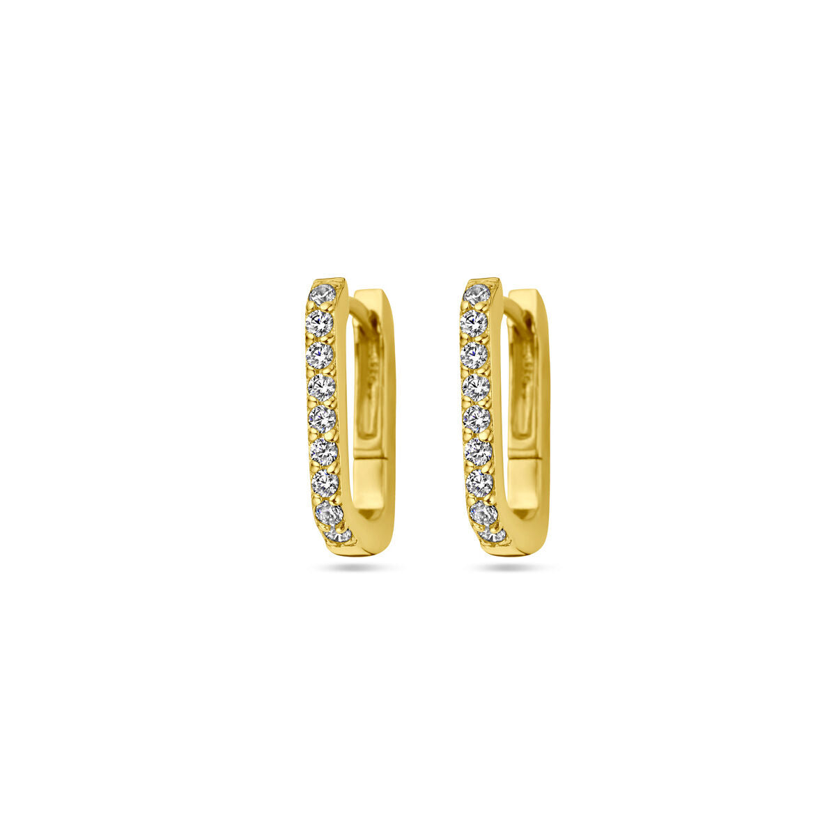 Boucles d'oreilles en argent doré avec zircons, forme incurvée et finition brillante.