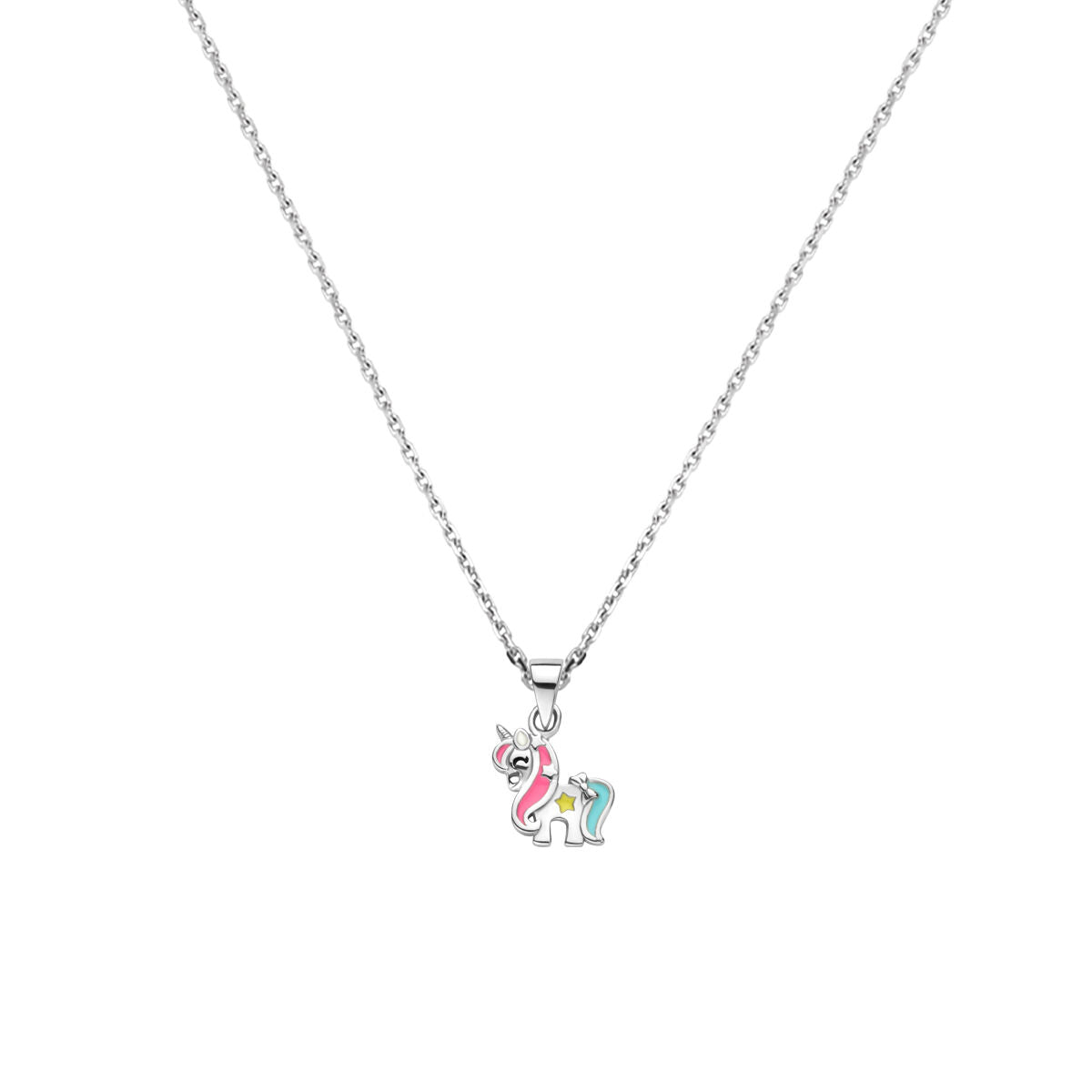 Collier en argent rhodié avec pendentif en forme de licorne colorée.