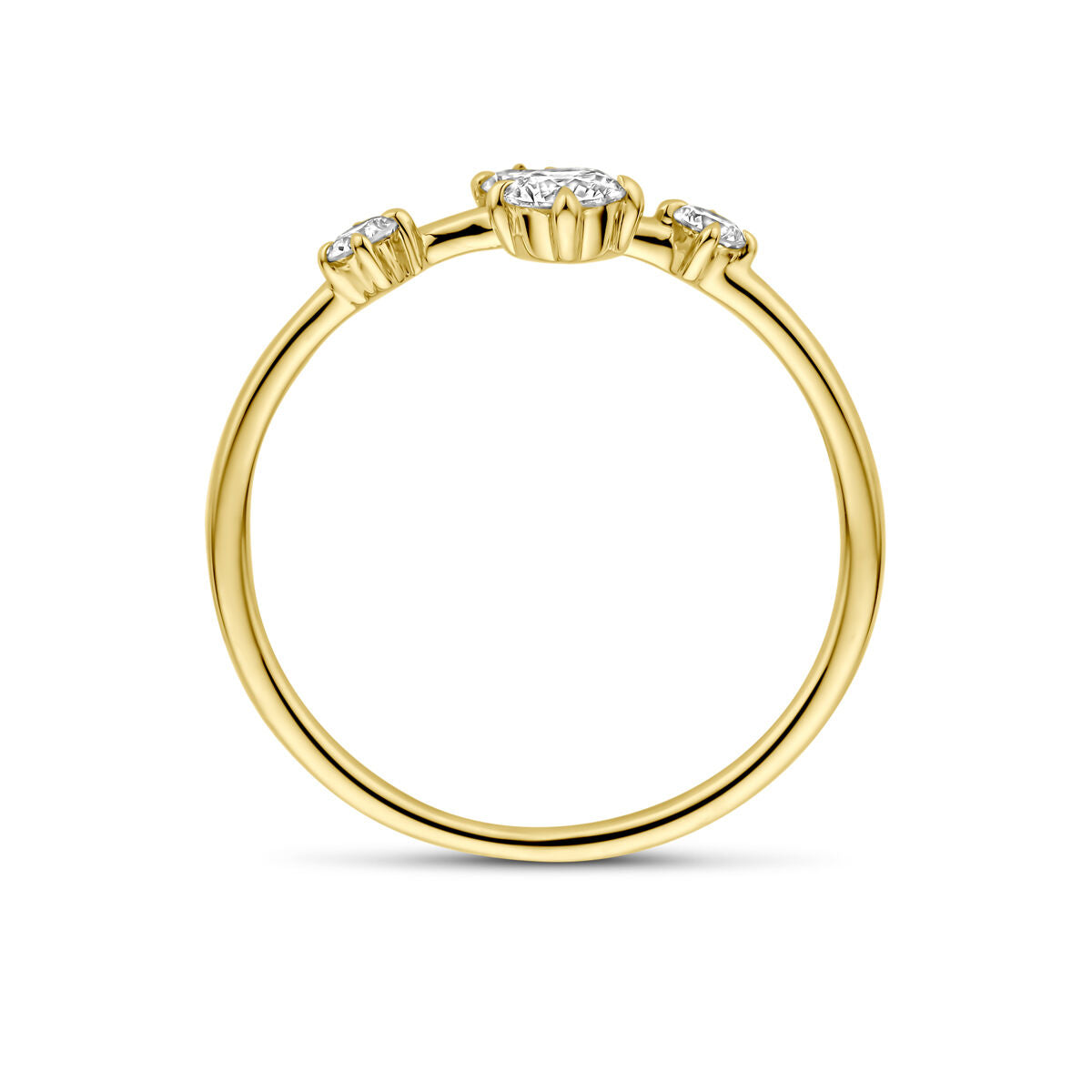 De Van der Kooij Collectie ring lab grown diamant 0,33ct h si 14K geelgoud is een geelgouden damesring met drie ronde lab-grown diamanten in prong zetting, van opzij gezien op een witte achtergrond.