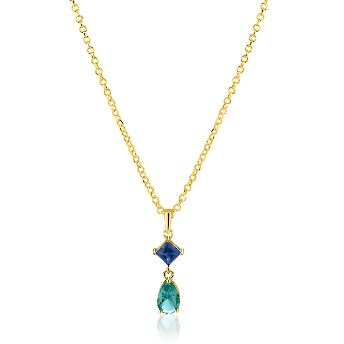 Collier doré avec un pendentif en forme de goutte et deux pierres précieuses, une bleue et une verte.