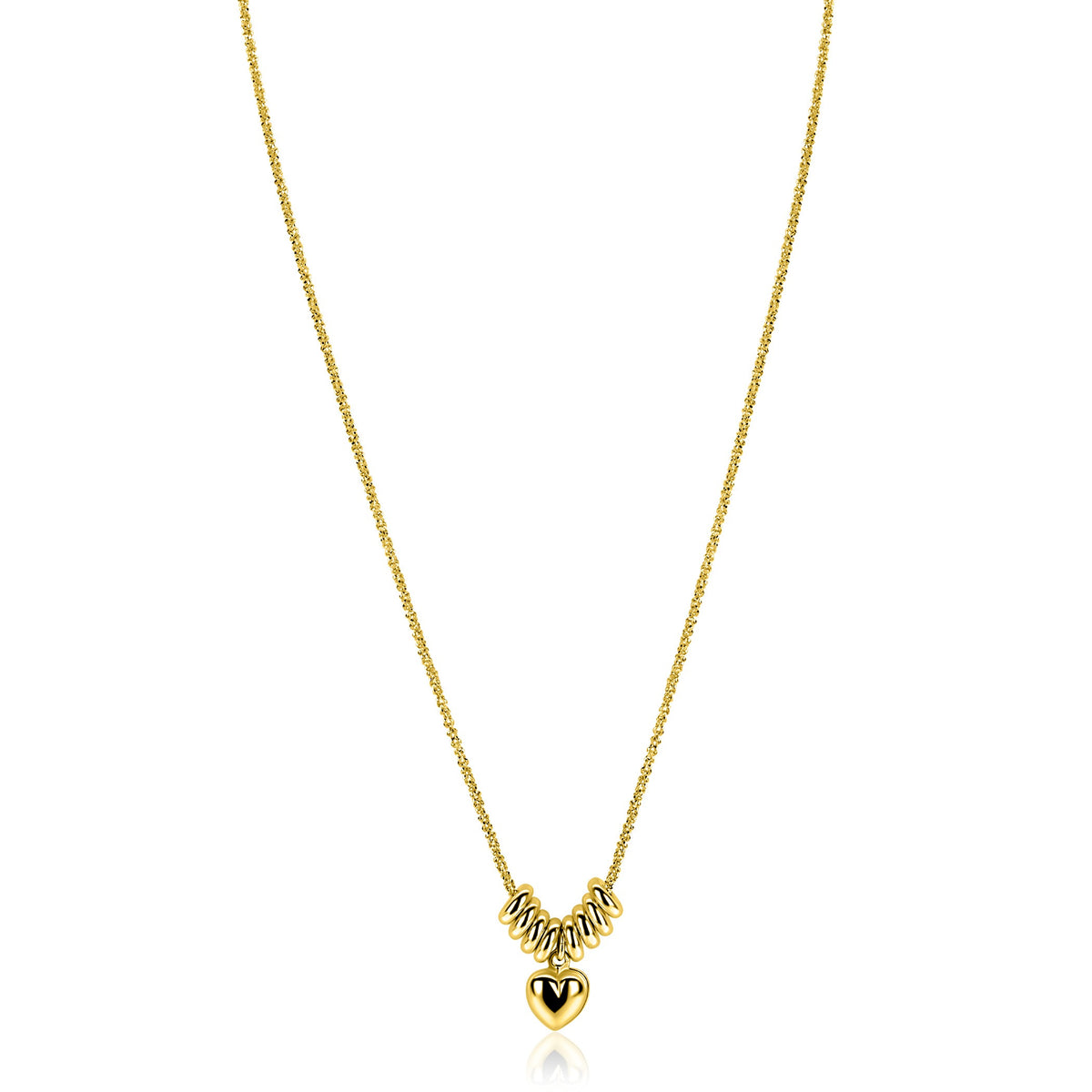 Collier doré avec un pendentif en forme de cœur et des détails scintillants.