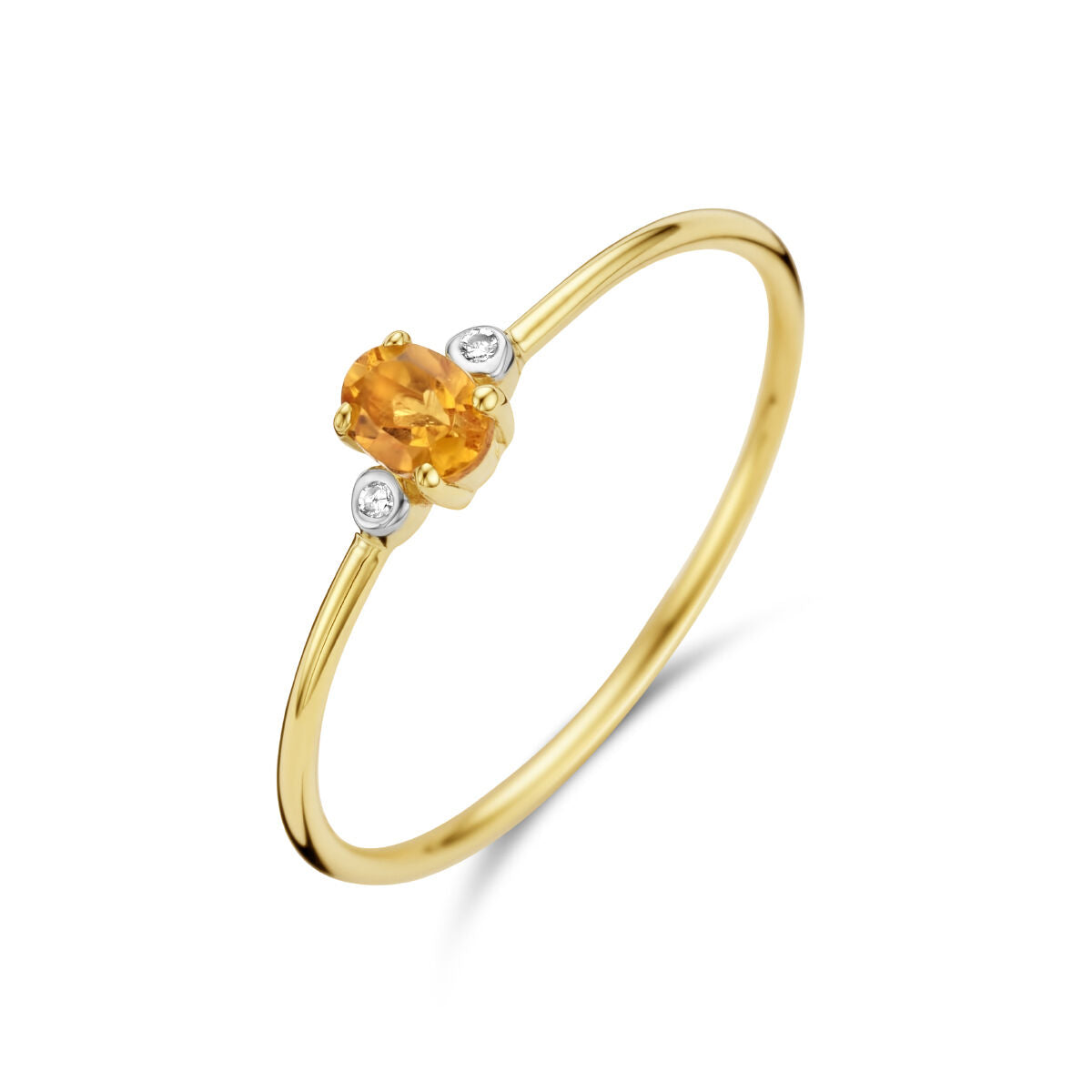 Bague trilogie en or jaune 14K avec un citrien central et deux diamants de 0,006 ct.
