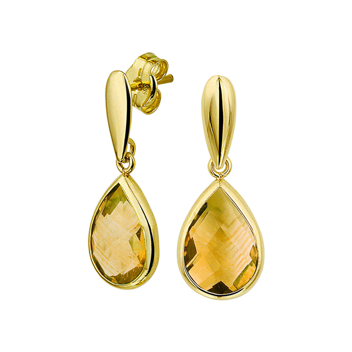Boucles d'oreilles en citrine en or jaune 14K avec des pendentifs en forme de goutte.
