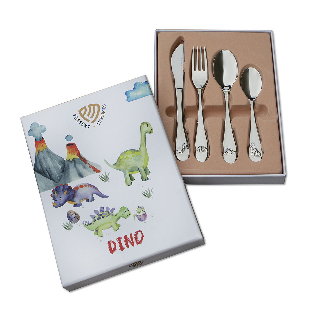 Coffret de couverts pour enfants en acier inoxydable avec motifs de dinosaures.