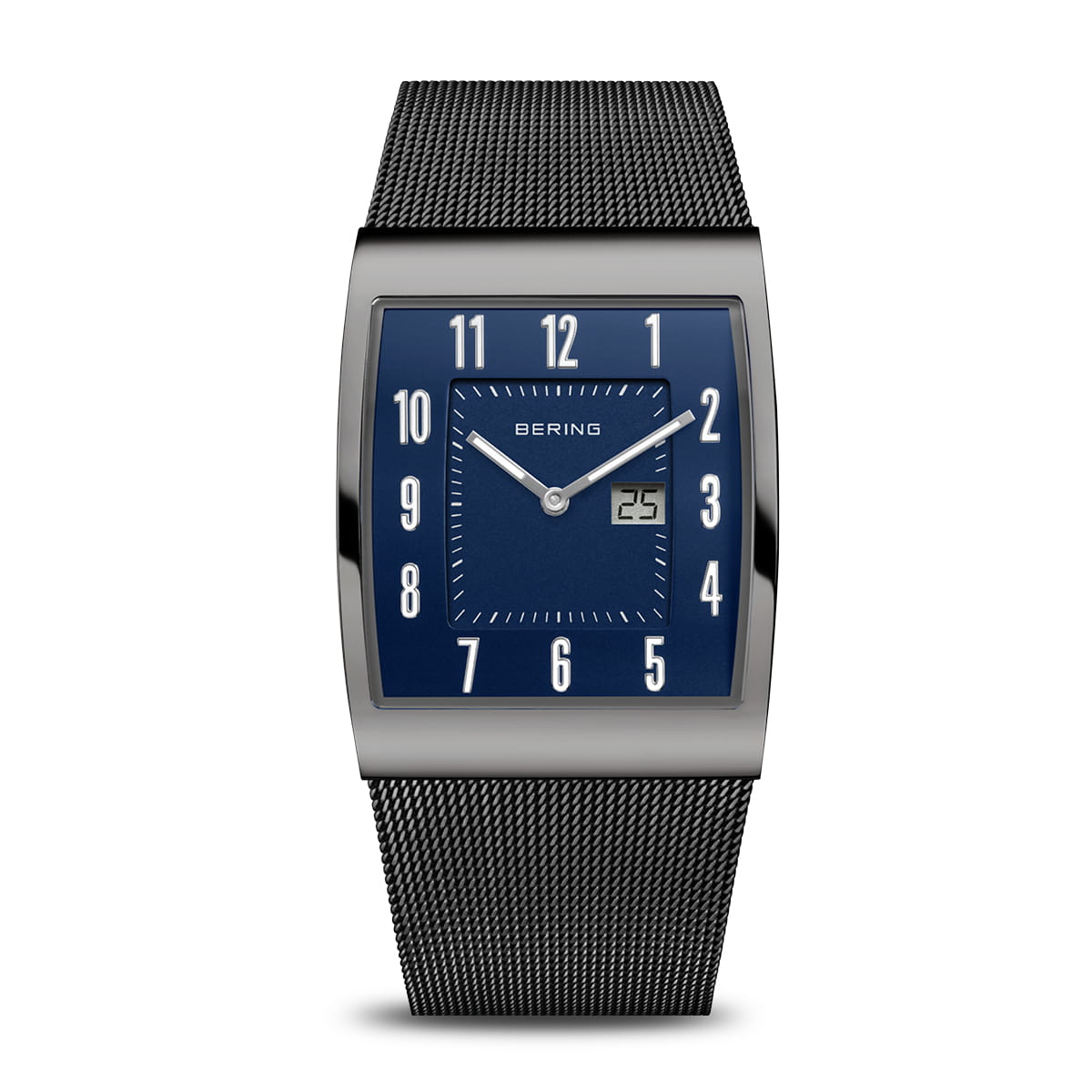 Montre pour homme avec cadran bleu, boîtier rectangulaire en acier et bracelet en maille.
