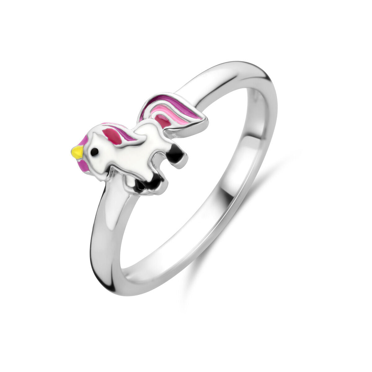 bague en argent rhodié avec un motif de licorne coloré