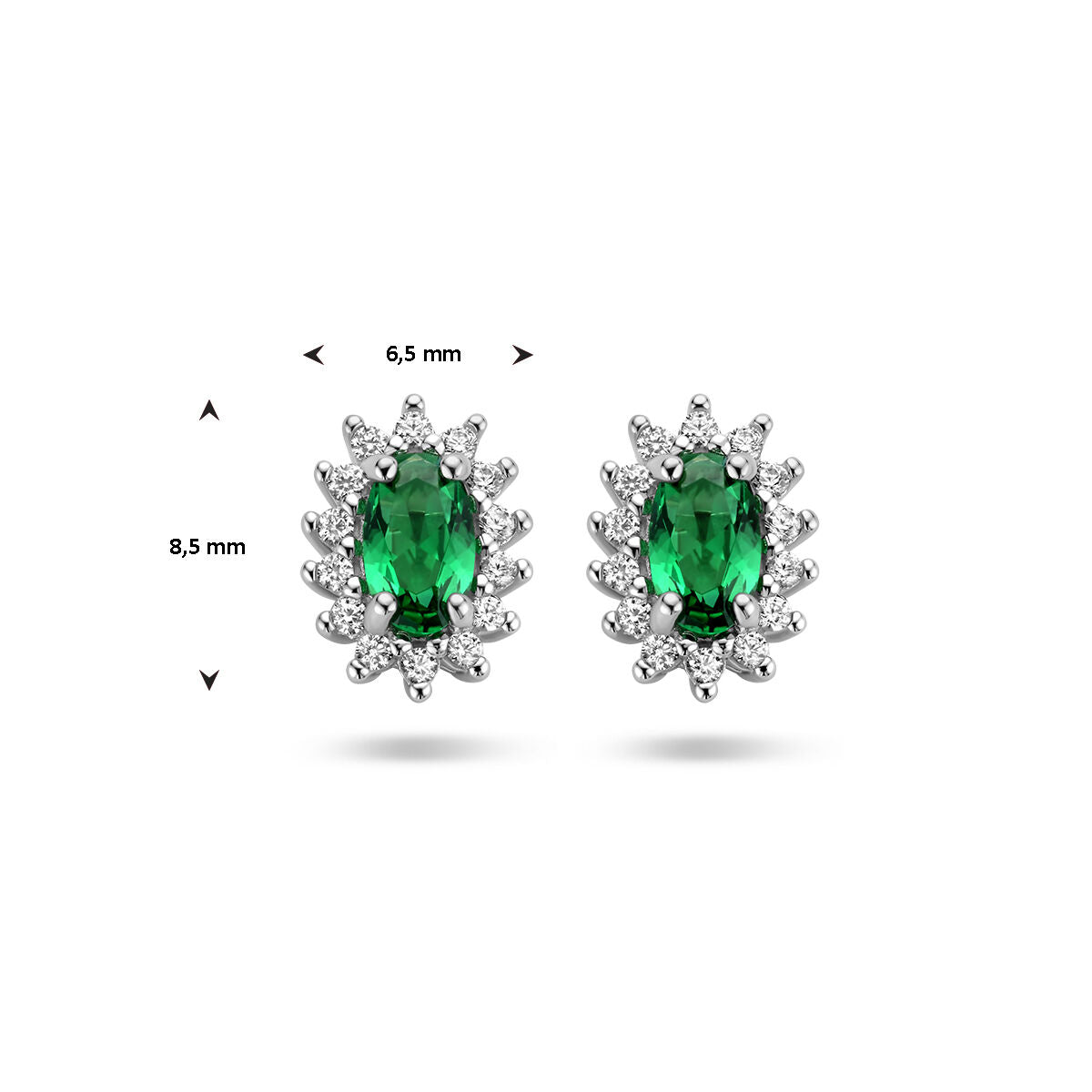 puces d'oreilles émeraude synthétique et zircone halo argent rhodié