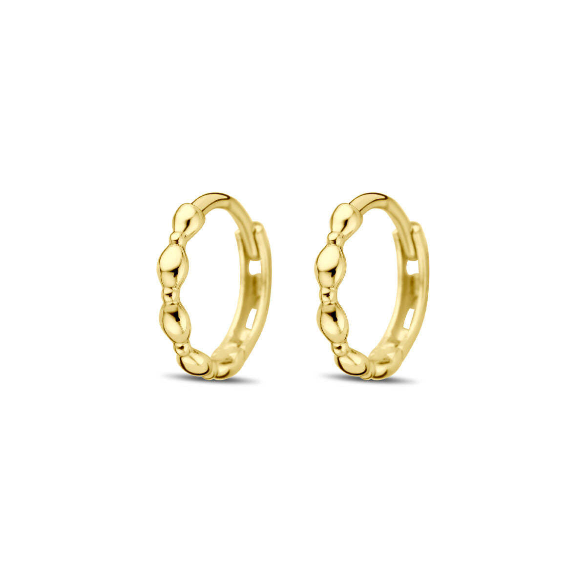 Boucles d'oreilles en or jaune 14K de 10 mm avec un design arrondi et des détails en relief.
