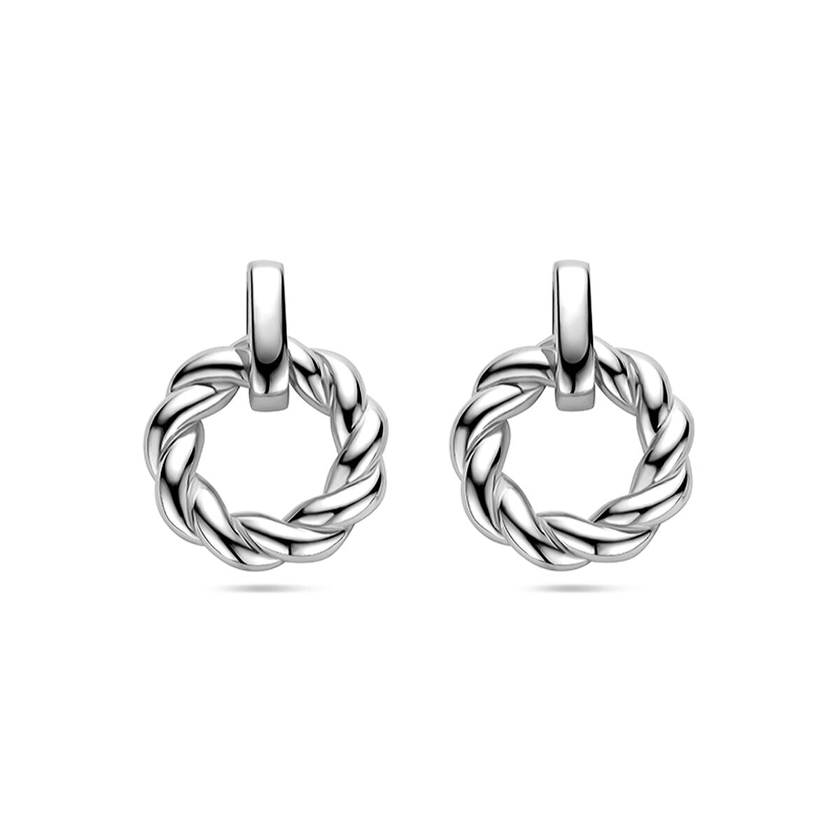 Boucles d'oreilles en argent rhodié en forme de cercle tressé.