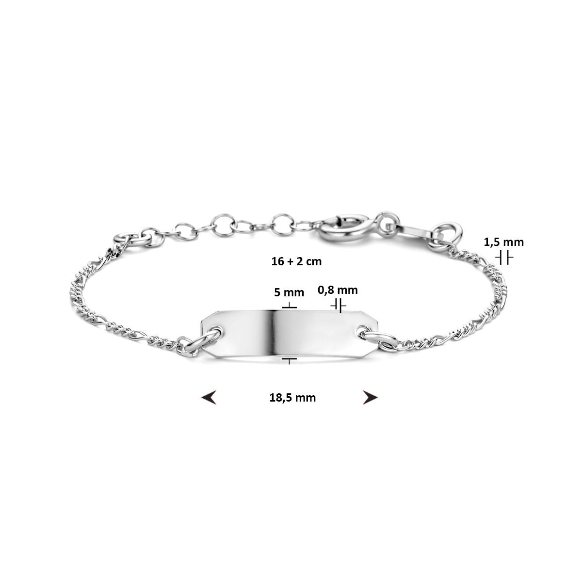 bracelet plaque 5,0 mm 16 + 2 cm argent rhodié
