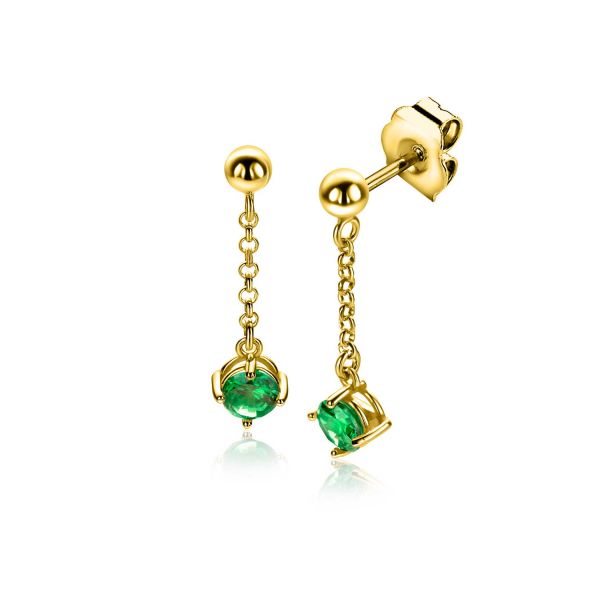 Boucles d'oreilles en argent avec des pierres vertes, suspendues par une chaîne délicate.
