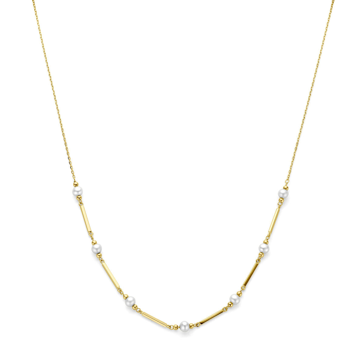 Collier en or jaune 14K avec perles et éléments en forme de barres.