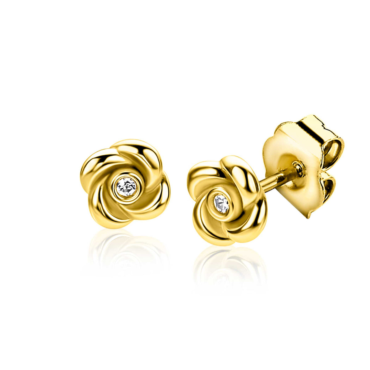 Boucles d'oreilles en argent plaqué or en forme de rose avec un zircon.