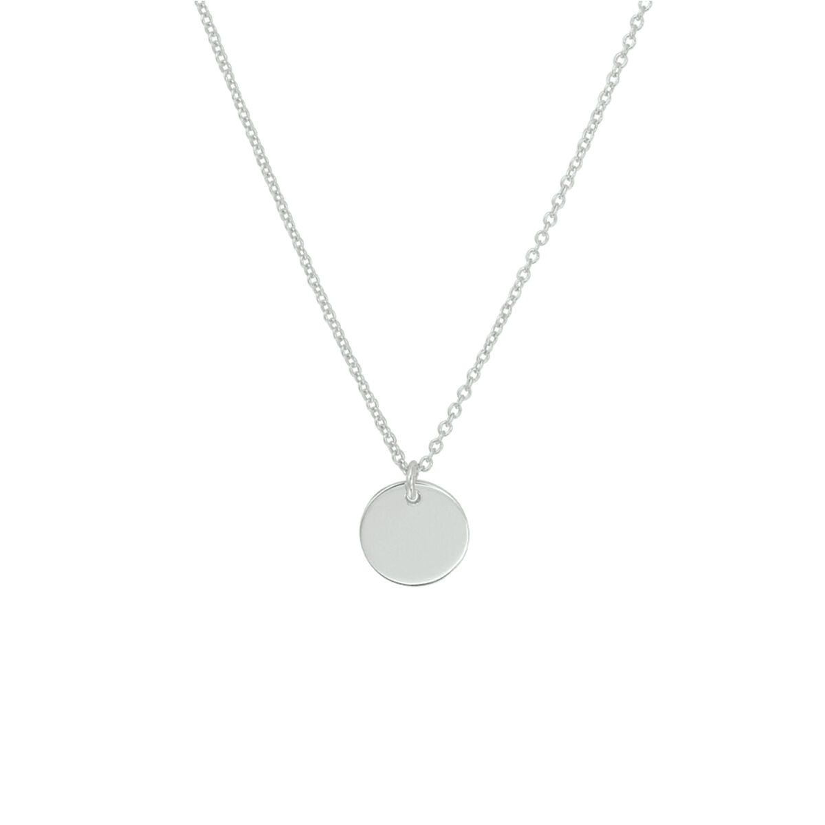De Van der Kooij Collectie graveercollier rondje 40 + 5 cm is een gegerhodineerd zilveren damescollier met een fijn kettinkje en een rond plat hangertje, voorzien van karabijnsluiting, getoond op een witte achtergrond.
