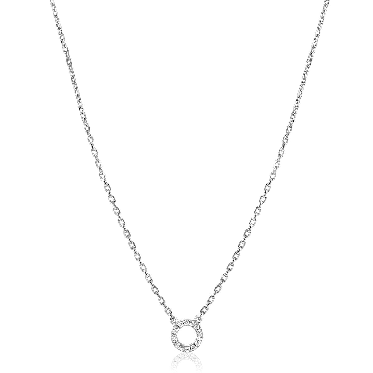 Collier en argent avec un pendentif rond orné de pierres scintillantes.