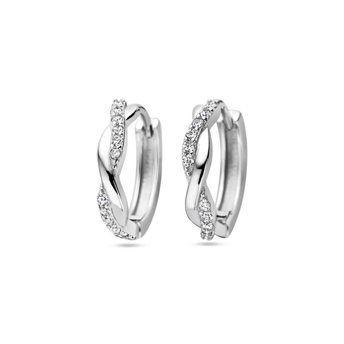 Boucles d'oreilles en argent rhodié avec zirconia, de forme ondulée et ornées de pierres brillantes.