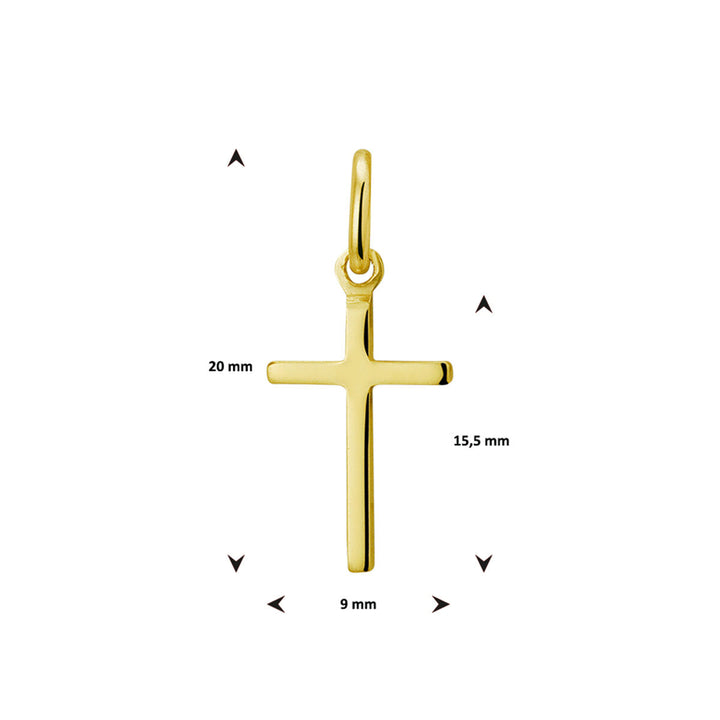 De Van der Kooij Collectie "hanger kruis 3 micron zilver verguld (geel)" is een unisex gouden kruishanger met een oogje aan de bovenkant, afgebeeld op een witte achtergrond. Afmetingen: 20 mm hoog, 15,5 mm van oogje tot basis en 9 mm breed bij de dwarsbalk.