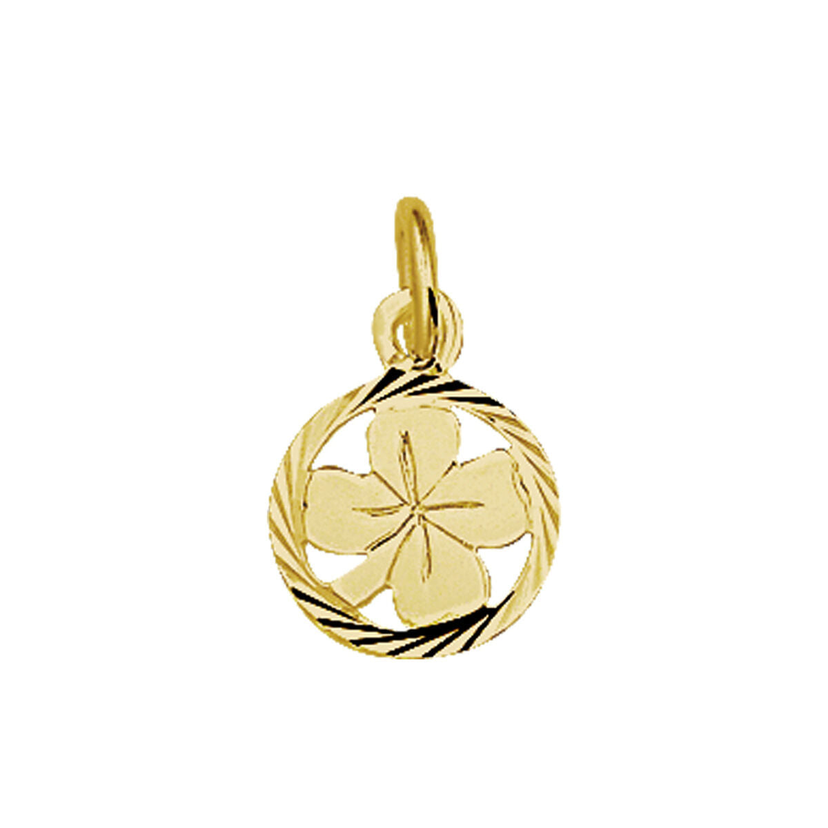 pendentif en or avec motif de trèfle et finition diamantée.