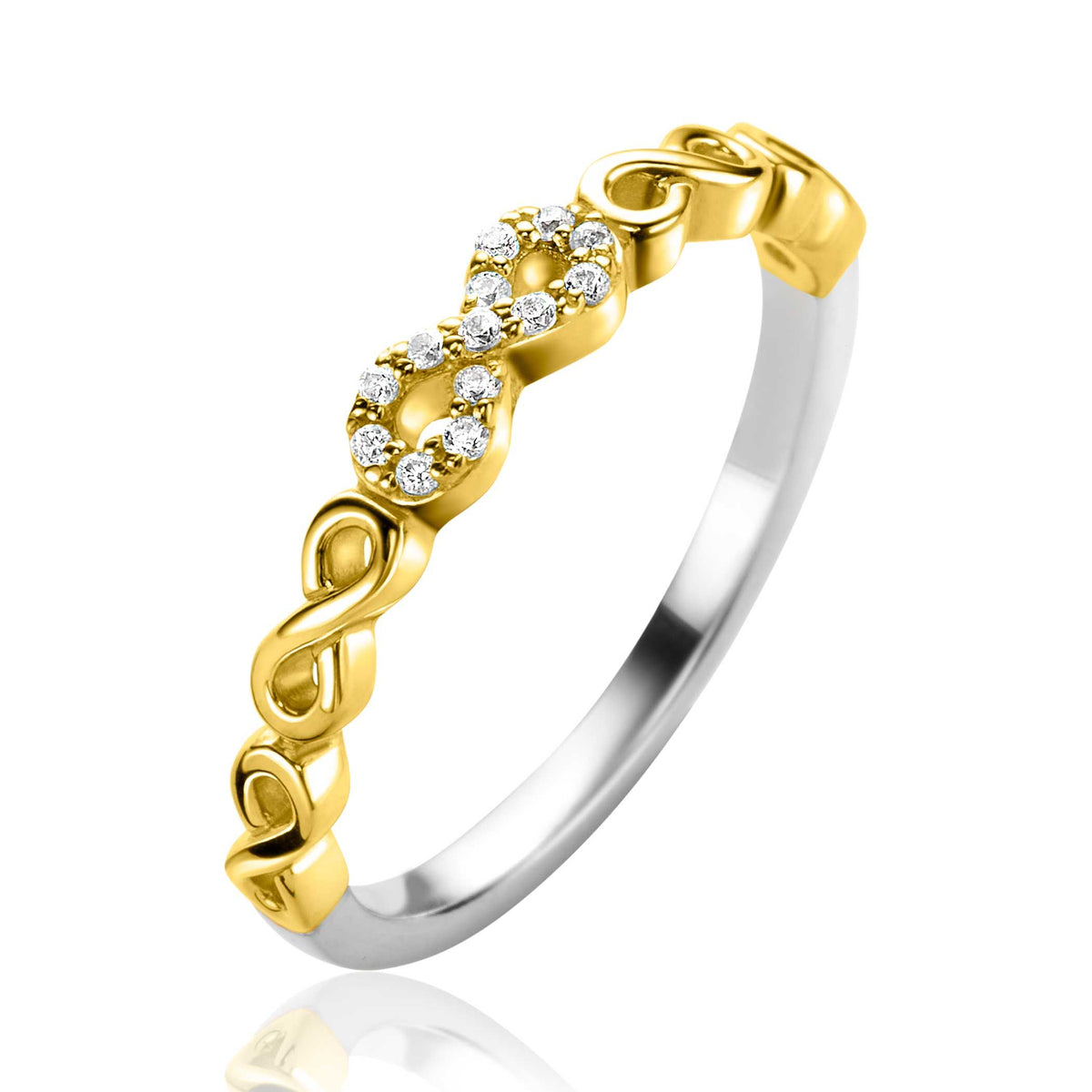 Bague en argent avec des détails en or et des zircons en forme d'infini.