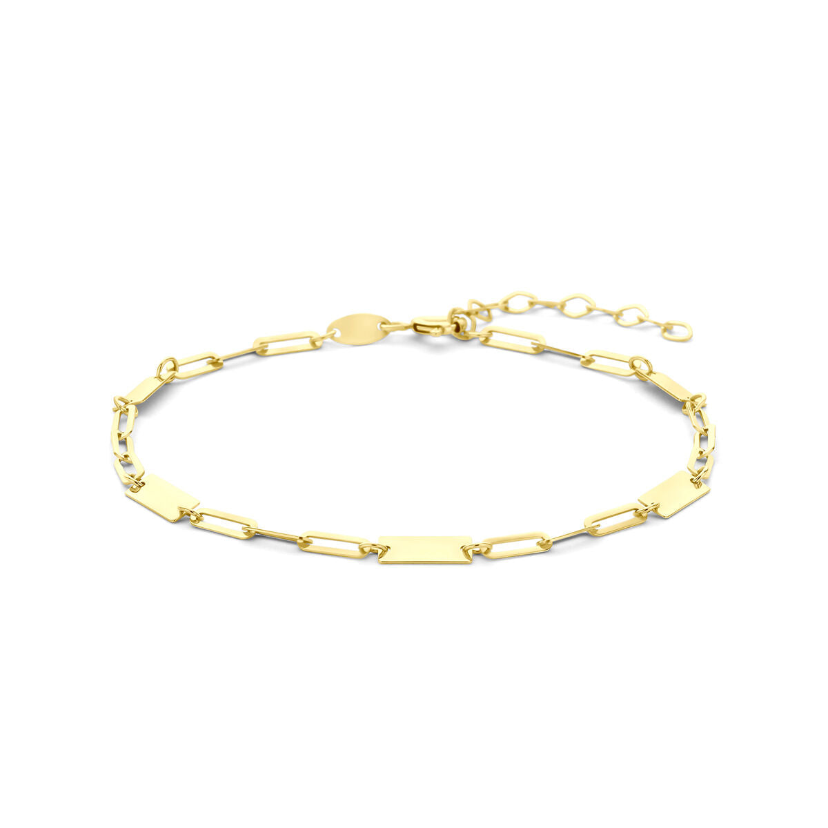 Bracelet en or jaune avec des plaques rectangulaires et une chaîne d'extension.